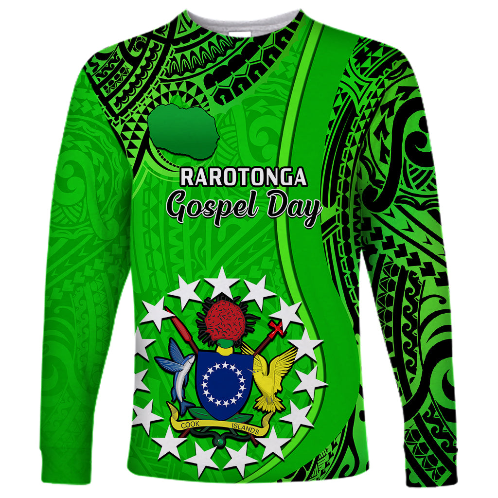 Green long-sleeve shirt with tribal pattern and 'RAROTONGA Gospel Day' front print