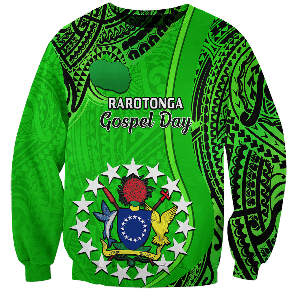 Green unisex sweatshirt with RAROTONGA Gospel Day print and circular tribal emblem