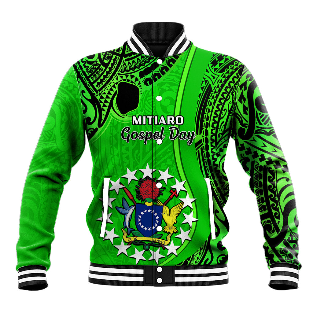 Green baseball jacket with black tribal pattern and 'Mitiaro Gospel Day' front graphic