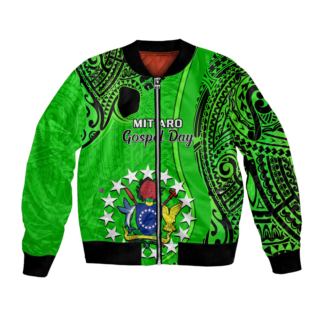 Green bomber jacket with black ribbed trim, zip front, tribal pattern, crest graphic