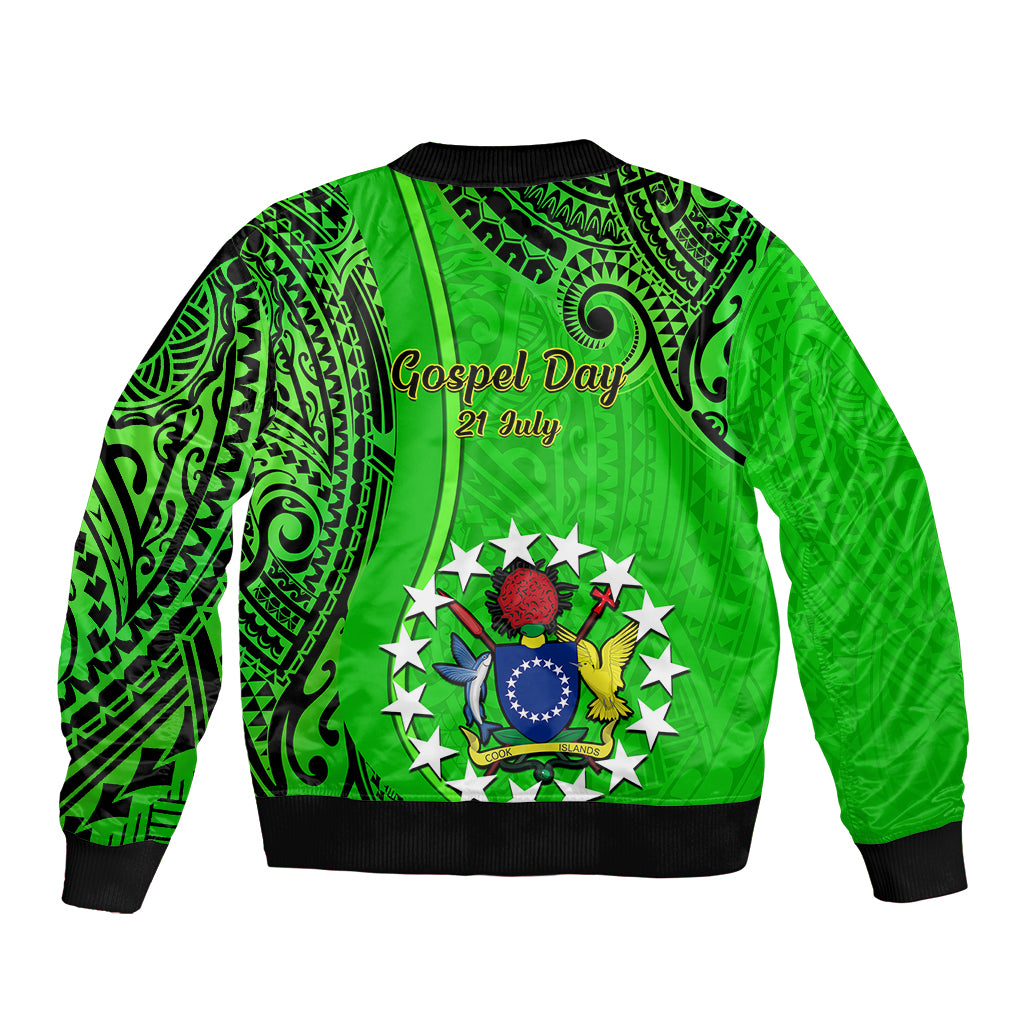 Green bomber jacket with black ribbed hem and cuffs, large back tribal graphic crest
