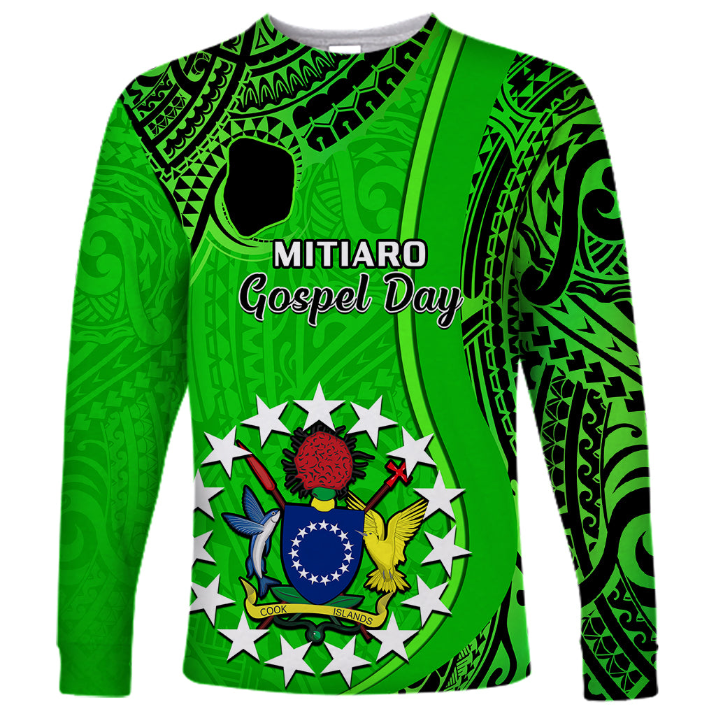 Green long-sleeve shirt with tribal pattern, 'MITIARO Gospel Day' text and emblem