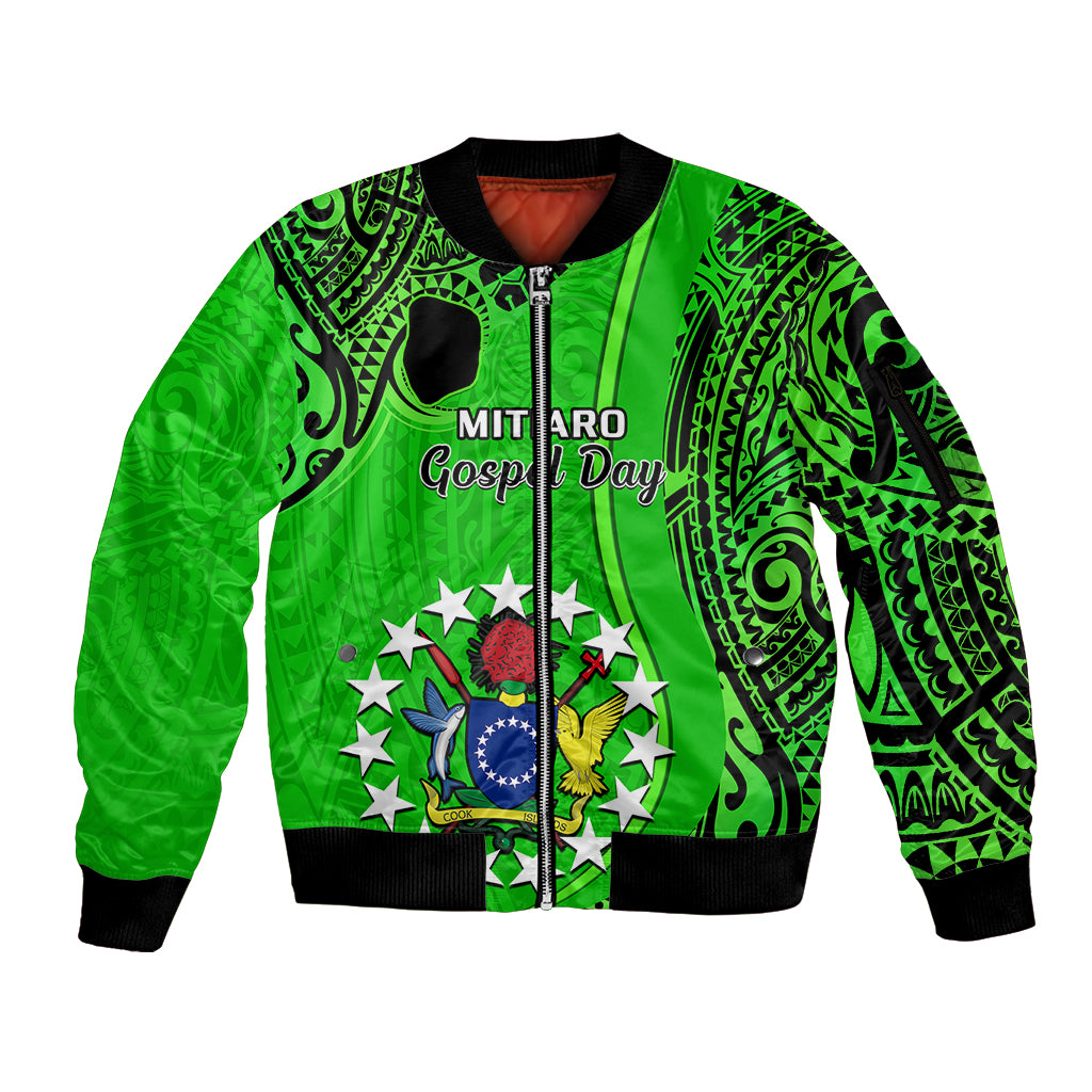 Green unisex bomber jacket with front zip, tribal graphic, ribbed trim
