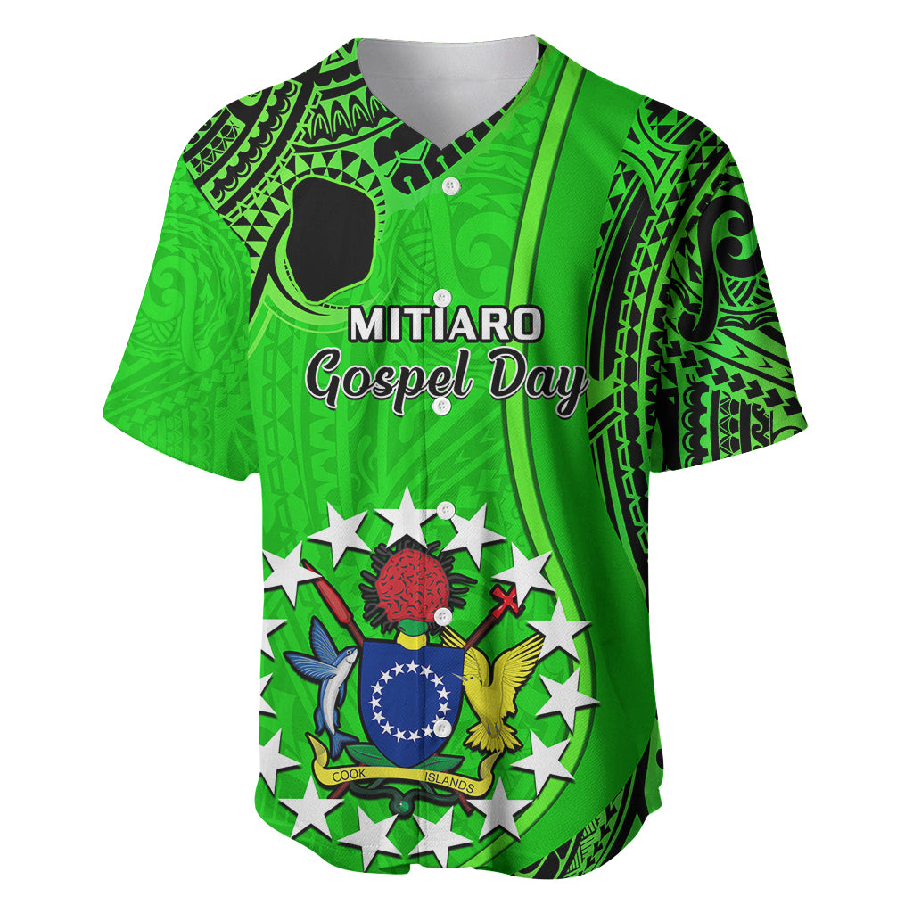 Green baseball jersey with tribal pattern, MITIARO Gospel Day print, button placket