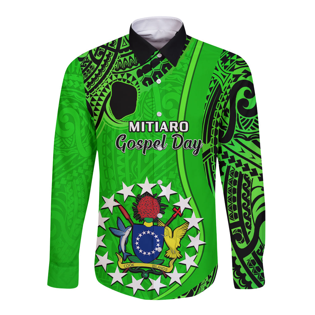 Green long sleeve button shirt with black tribal trim and front "MITIARO Gospel Day" print