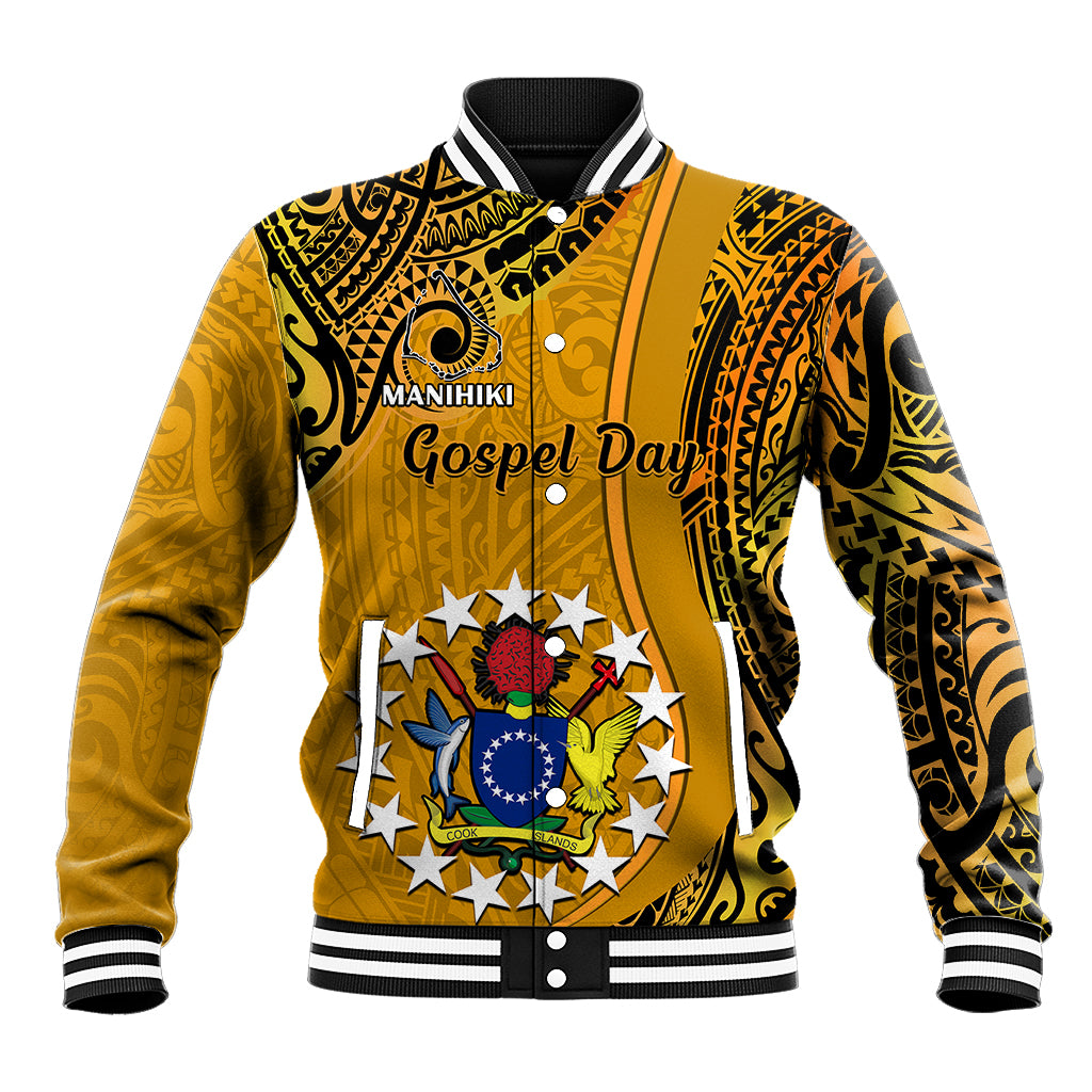 Gold and black varsity baseball jacket with tribal print front and striped ribbed cuffs