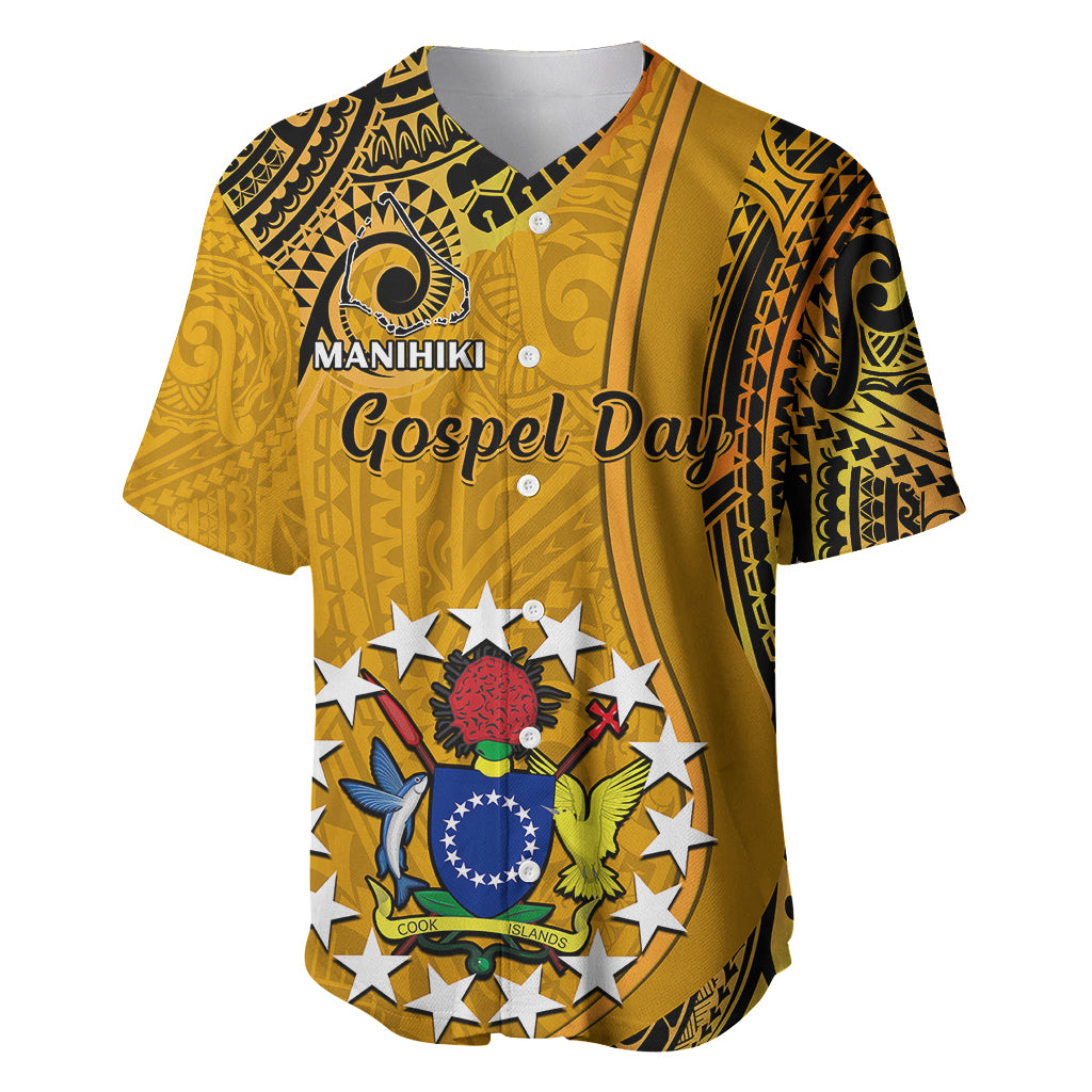 Gold baseball jersey with black tribal trim, 'Manihiki Gospel Day' crest