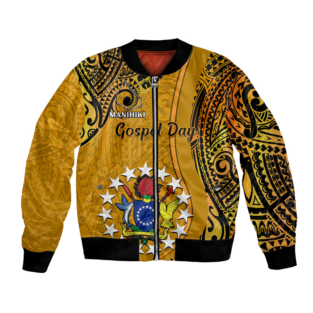 Gold bomber jacket with black tribal pattern, front zip, ribbed cuffs, Gospel Day graphic