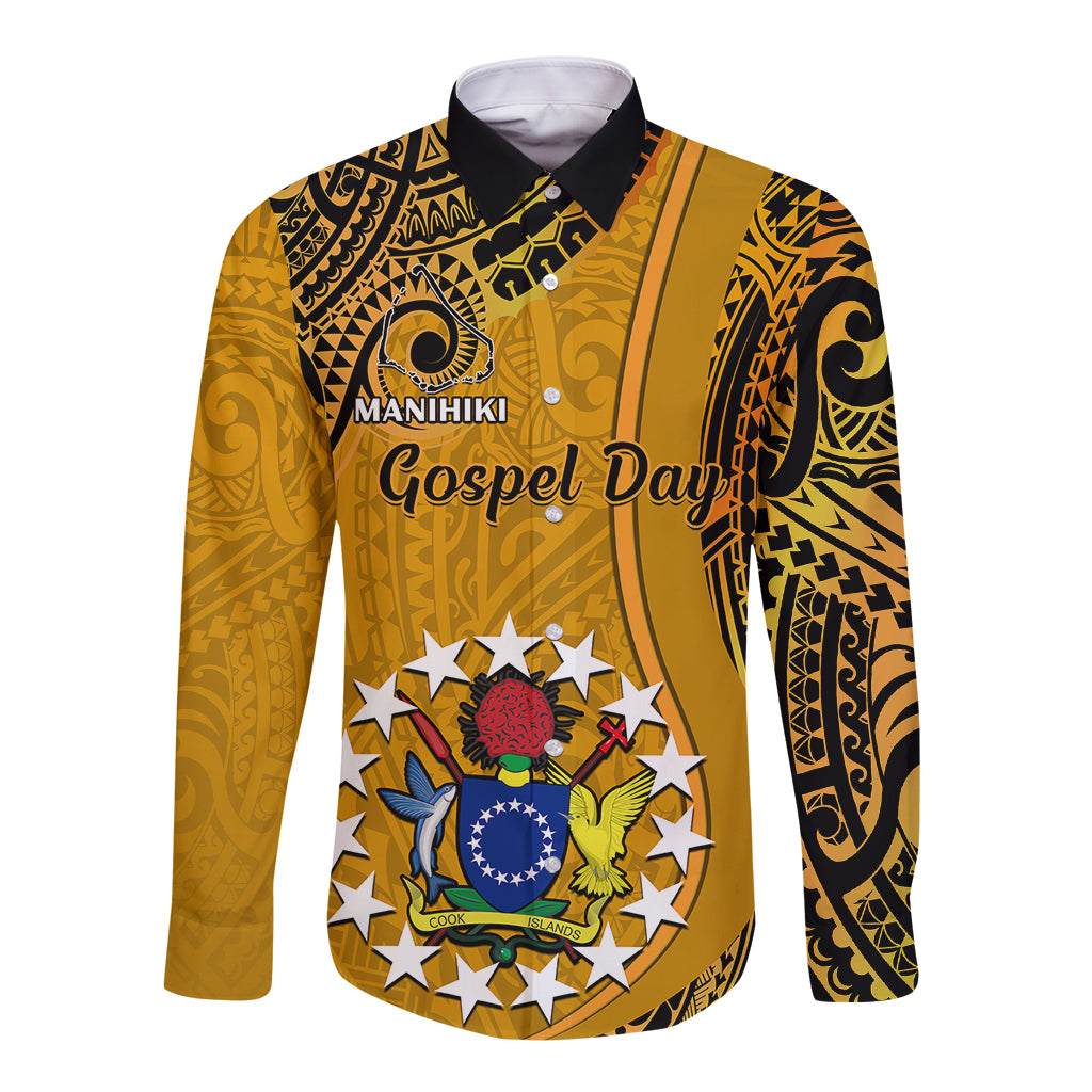 Gold long-sleeve button shirt with black tribal print and central emblem graphic
