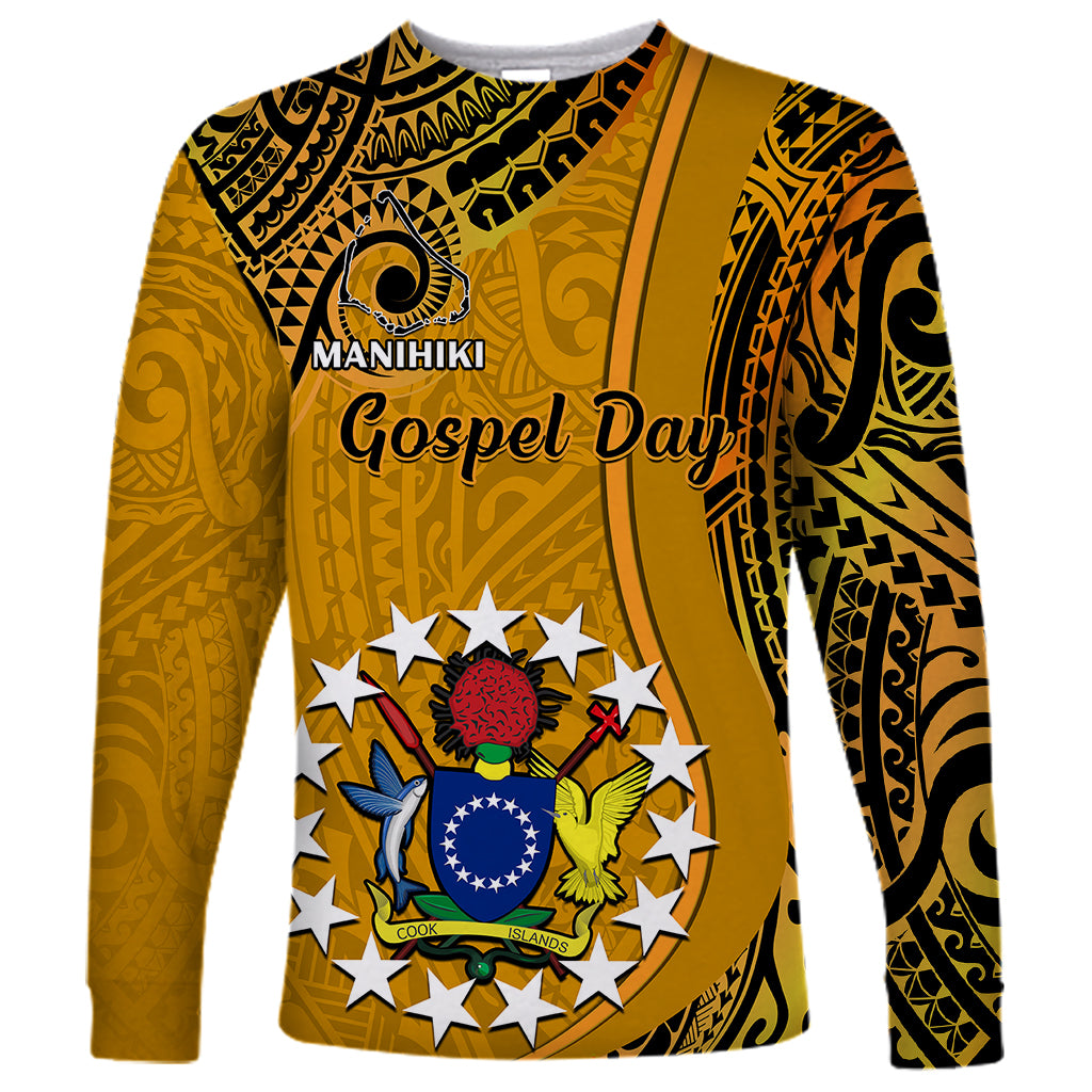 Unisex gold long-sleeve shirt, tribal pattern with 'Manihiki Gospel Day' print