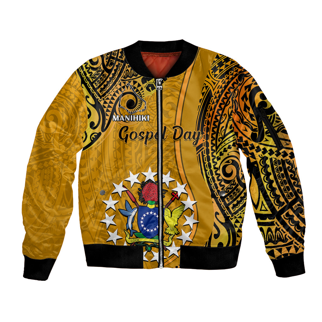 Gold unisex zip bomber jacket with black rib trim and tribal Gospel Day graphic