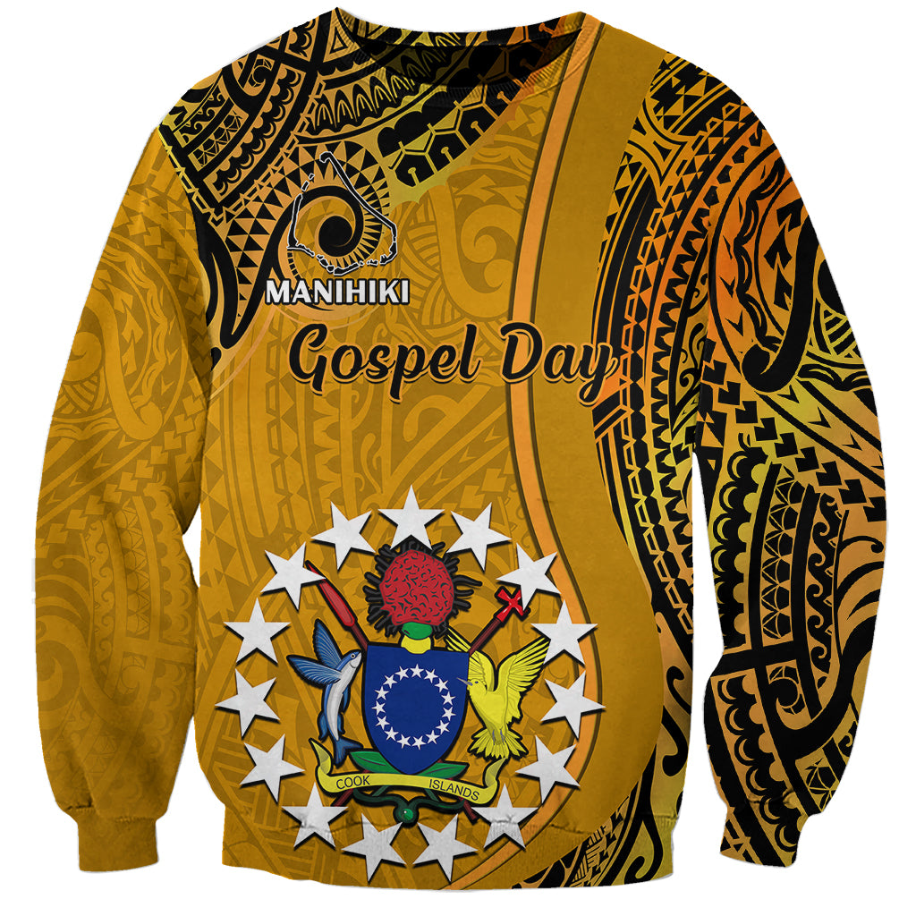 Gold unisex sweatshirt with Manihiki Gospel Day text and tribal pattern, pullover fit