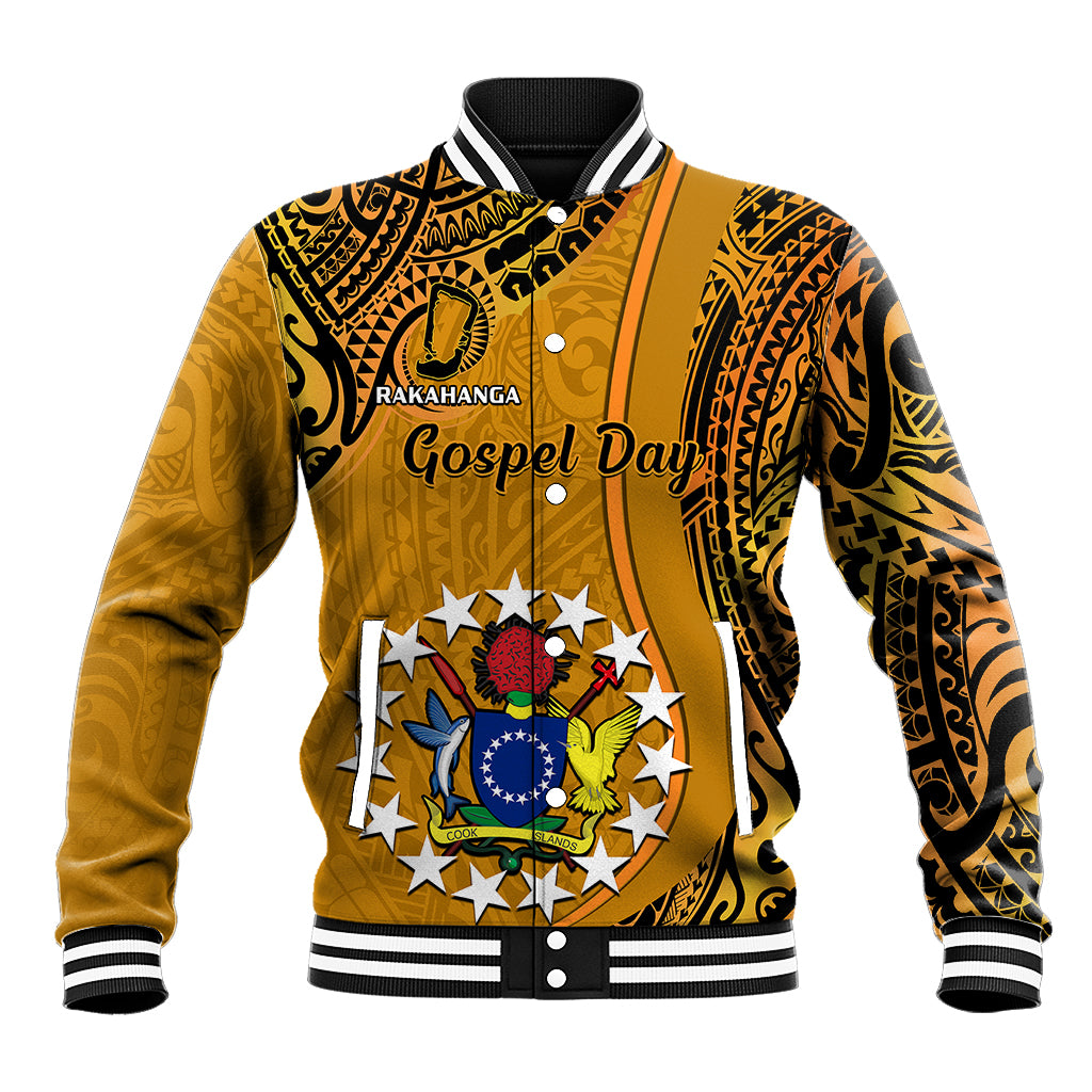 Orange baseball jacket with black tribal pattern, snap front, ribbed collar and cuffs