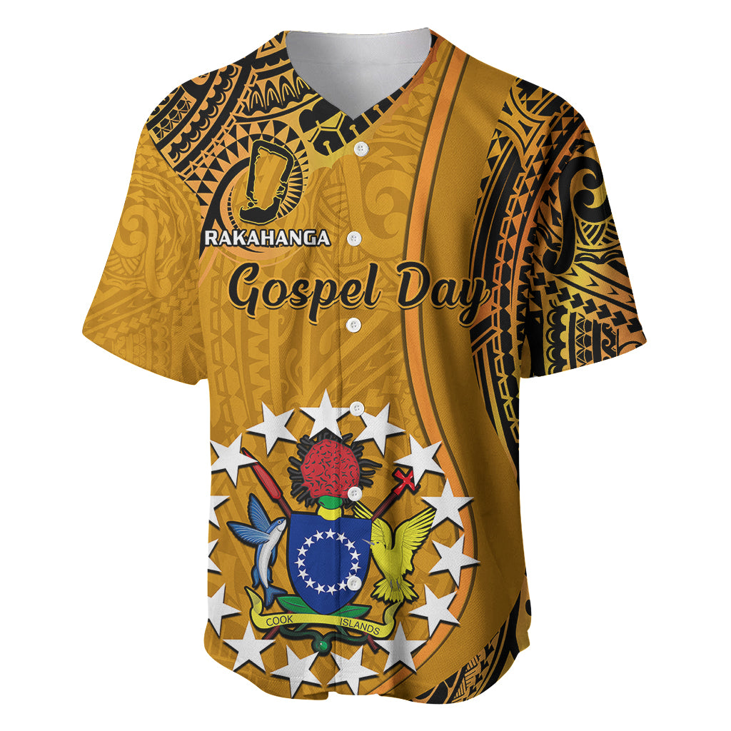 Orange baseball jersey with black tribal pattern and Gospel Day graphic on front