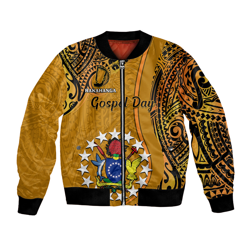 Orange bomber jacket with tribal pattern, front zipper, ribbed cuffs, Gospel Day graphic