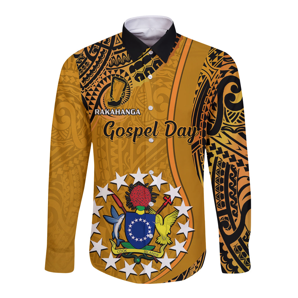 Orange long-sleeve button shirt with black tribal print and Gospel Day emblem on front