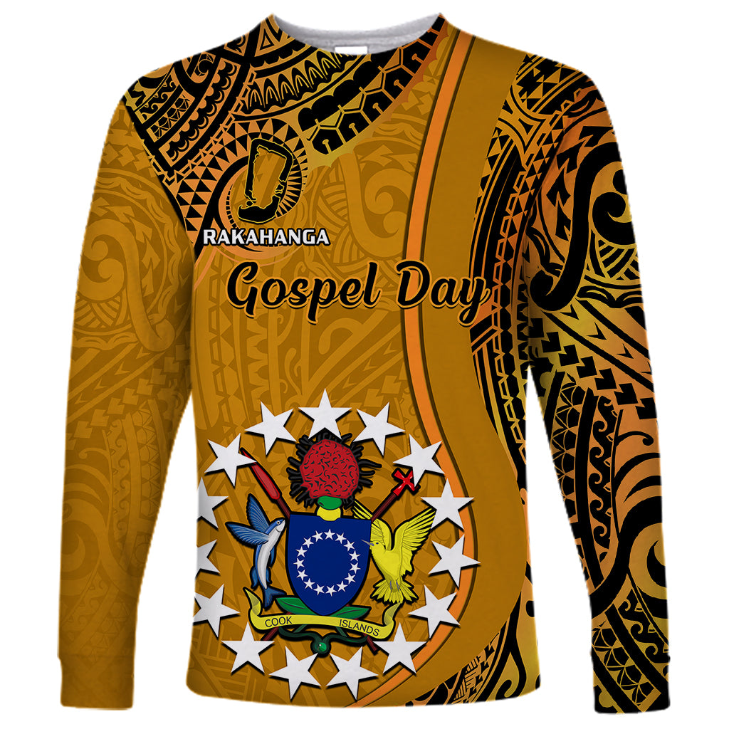 Long-sleeve orange tribal print shirt with Gospel Day front graphic