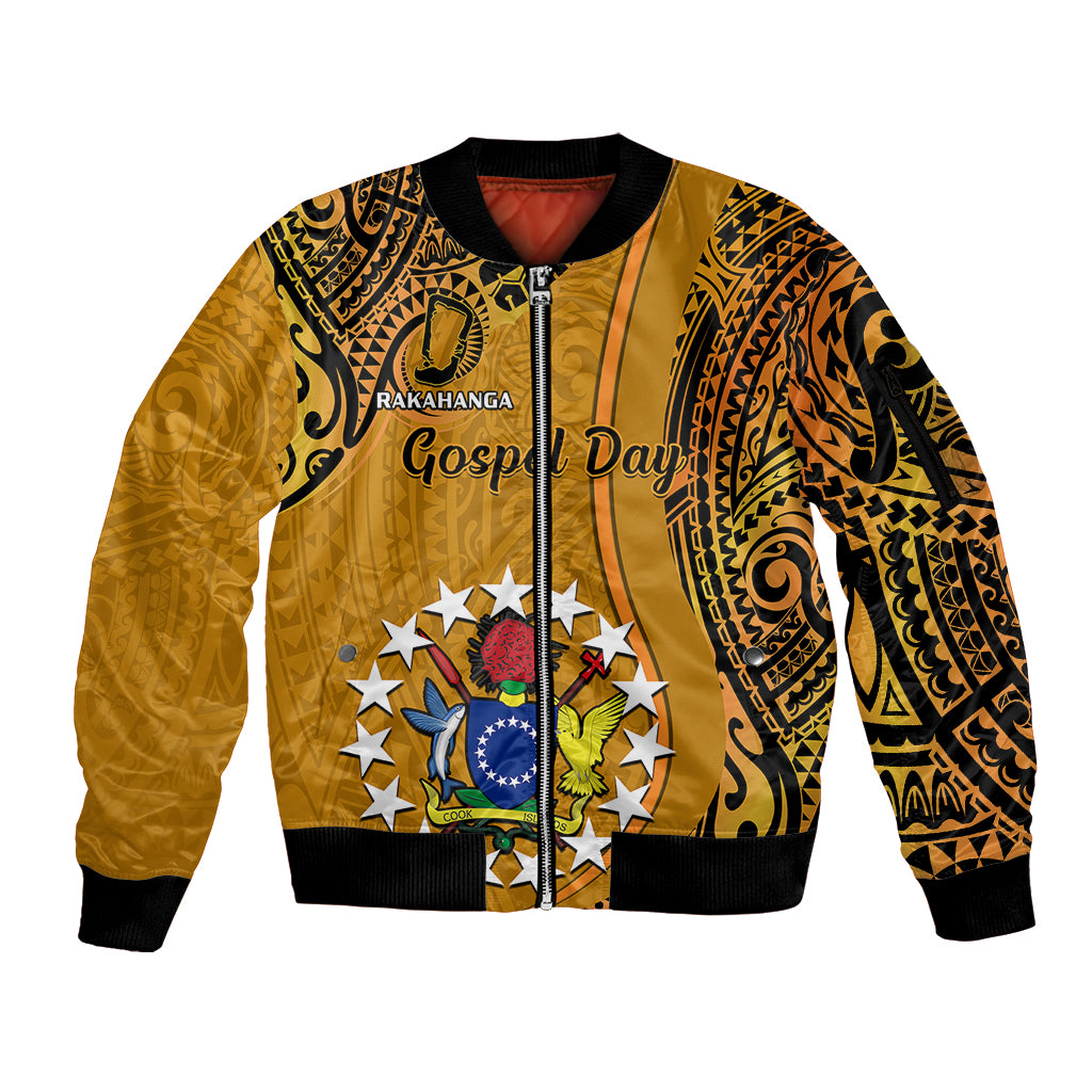 Orange unisex bomber jacket with zip, black tribal pattern, Gospel Day graphic