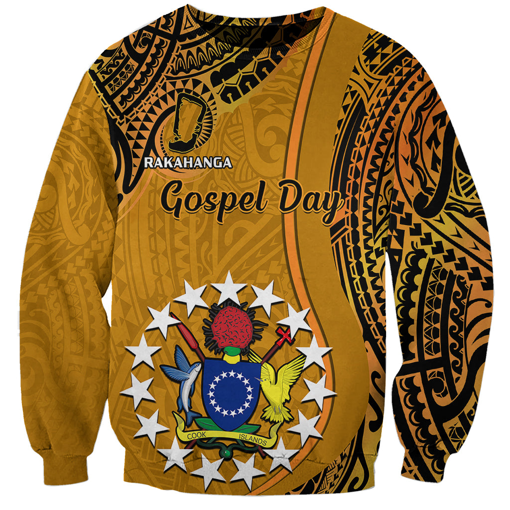 Unisex orange sweatshirt with Tribal pattern, Rakahanga and Gospel Day graphic on front