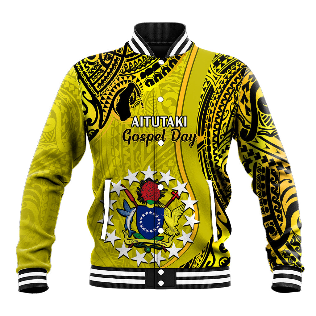 Gold varsity baseball jacket with black tribal pattern, striped ribbed collar and cuffs