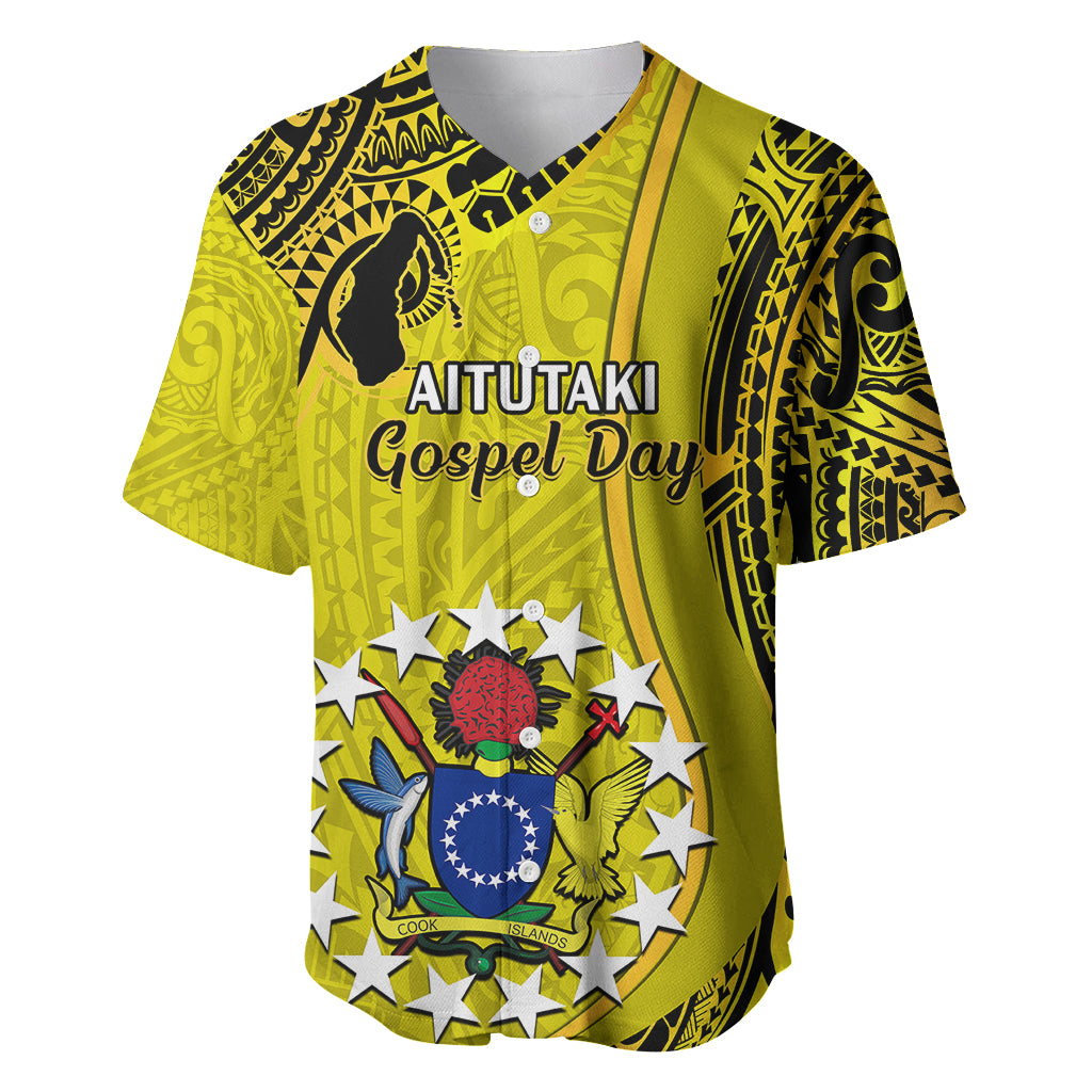 Baseball jersey in yellow with Aitutaki Gospel Day front print and black tribal pattern
