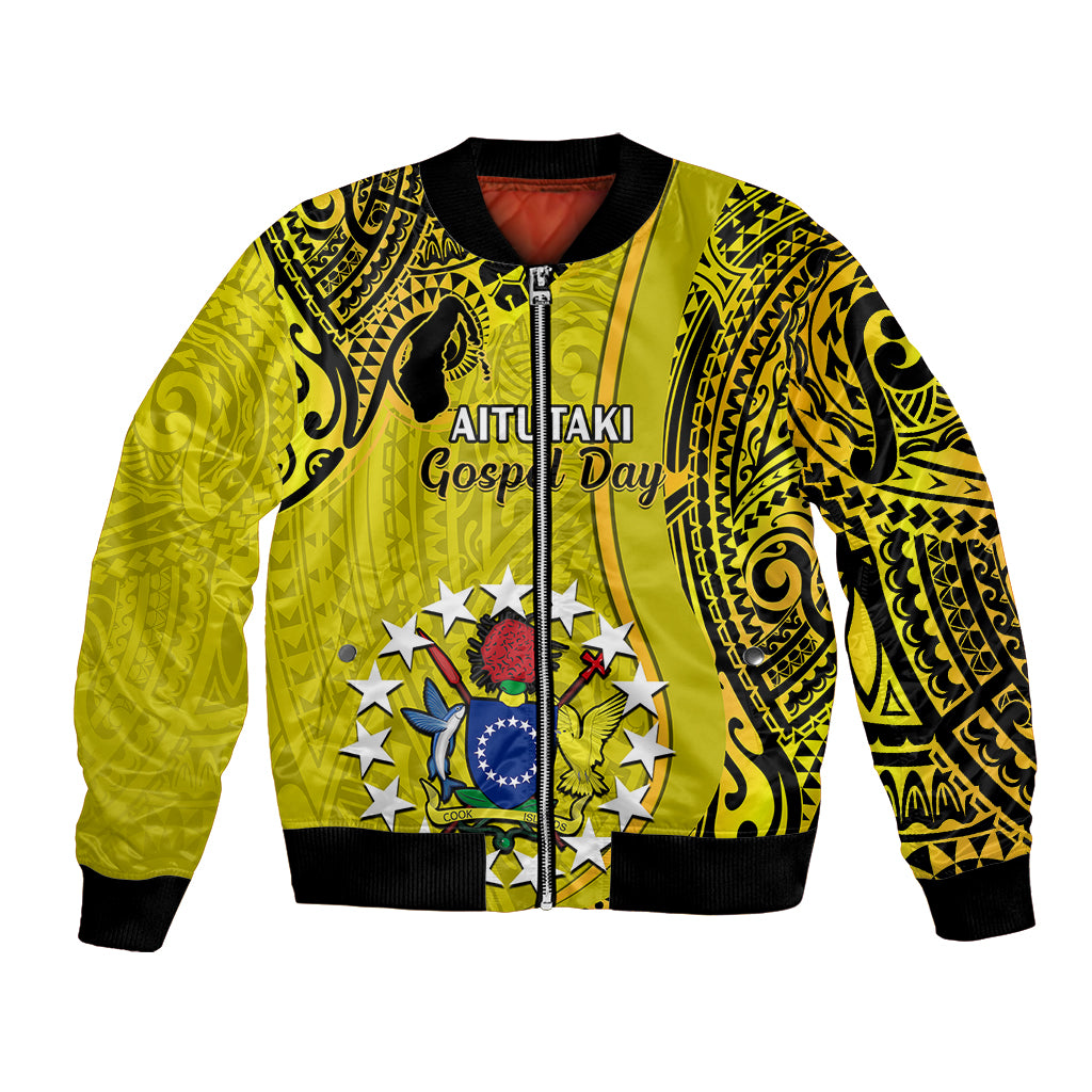 Gold bomber jacket with black tribal pattern, front zip, star emblem and festive graphic