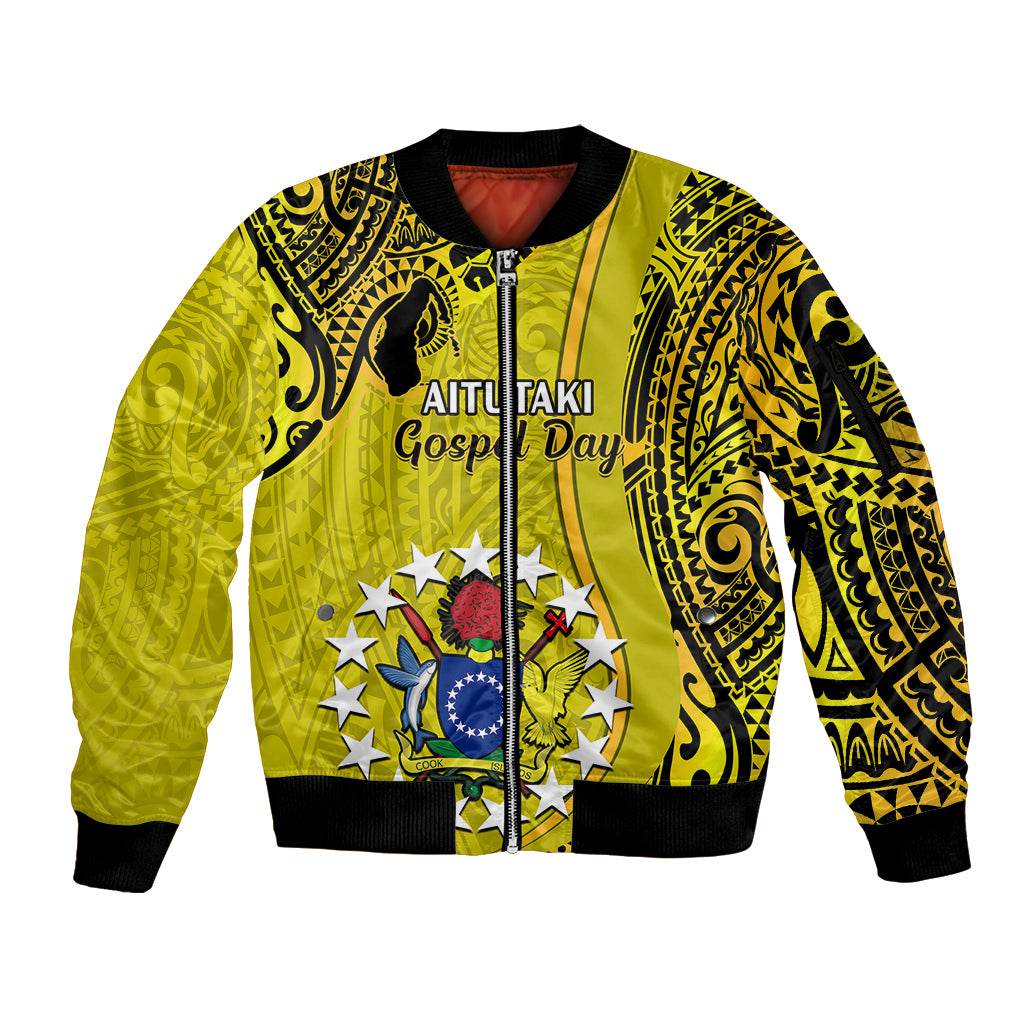 Gold bomber jacket with front zip, ribbed cuffs, and Aitutaki tribal graphic