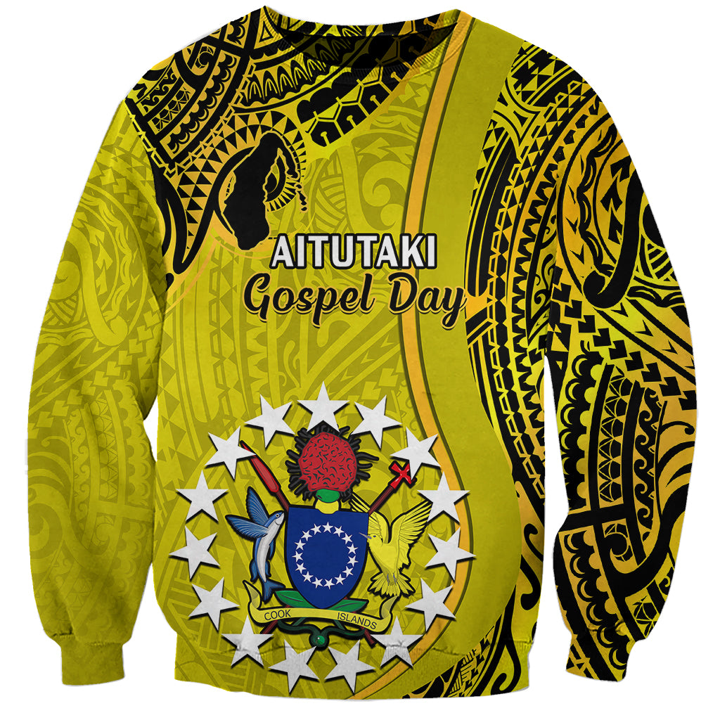 Gold unisex sweatshirt with tribal pattern and Aitutaki Gospel Day front graphic