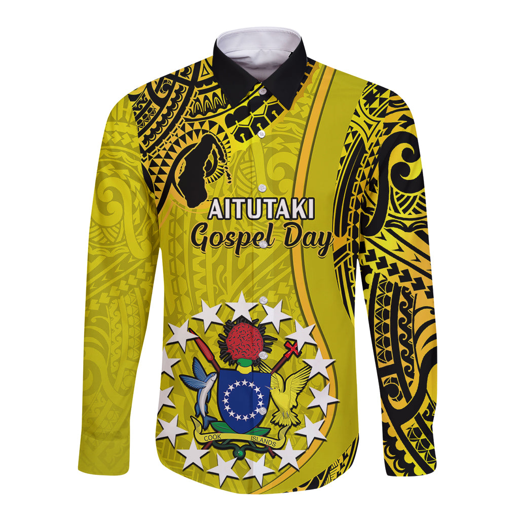 Gold long-sleeve button-up shirt with black tribal print and Aitutaki Gospel Day graphic