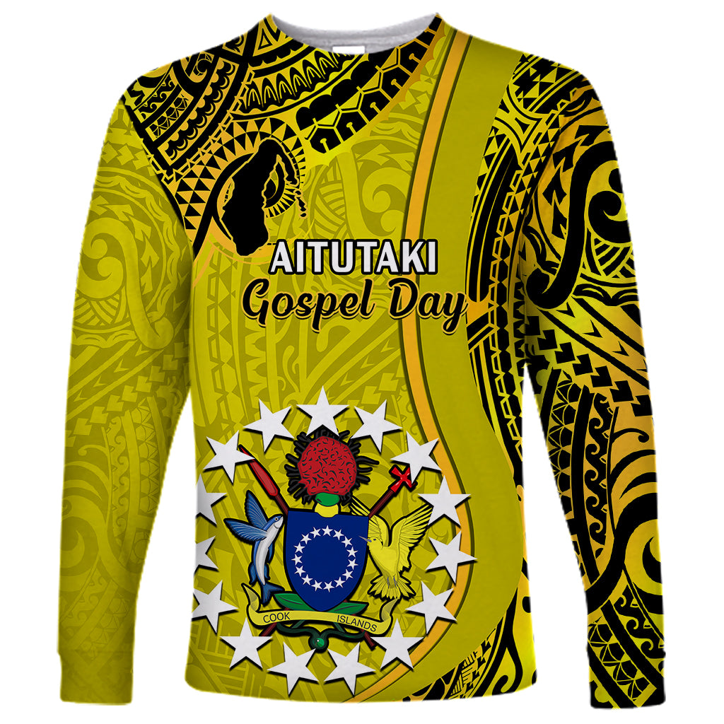 Gold long-sleeve shirt with black tribal pattern and Aitutaki Gospel Day print