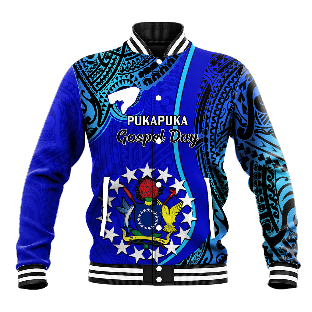 Blue baseball jacket with tribal print, striped trim, and Gospel Day emblem