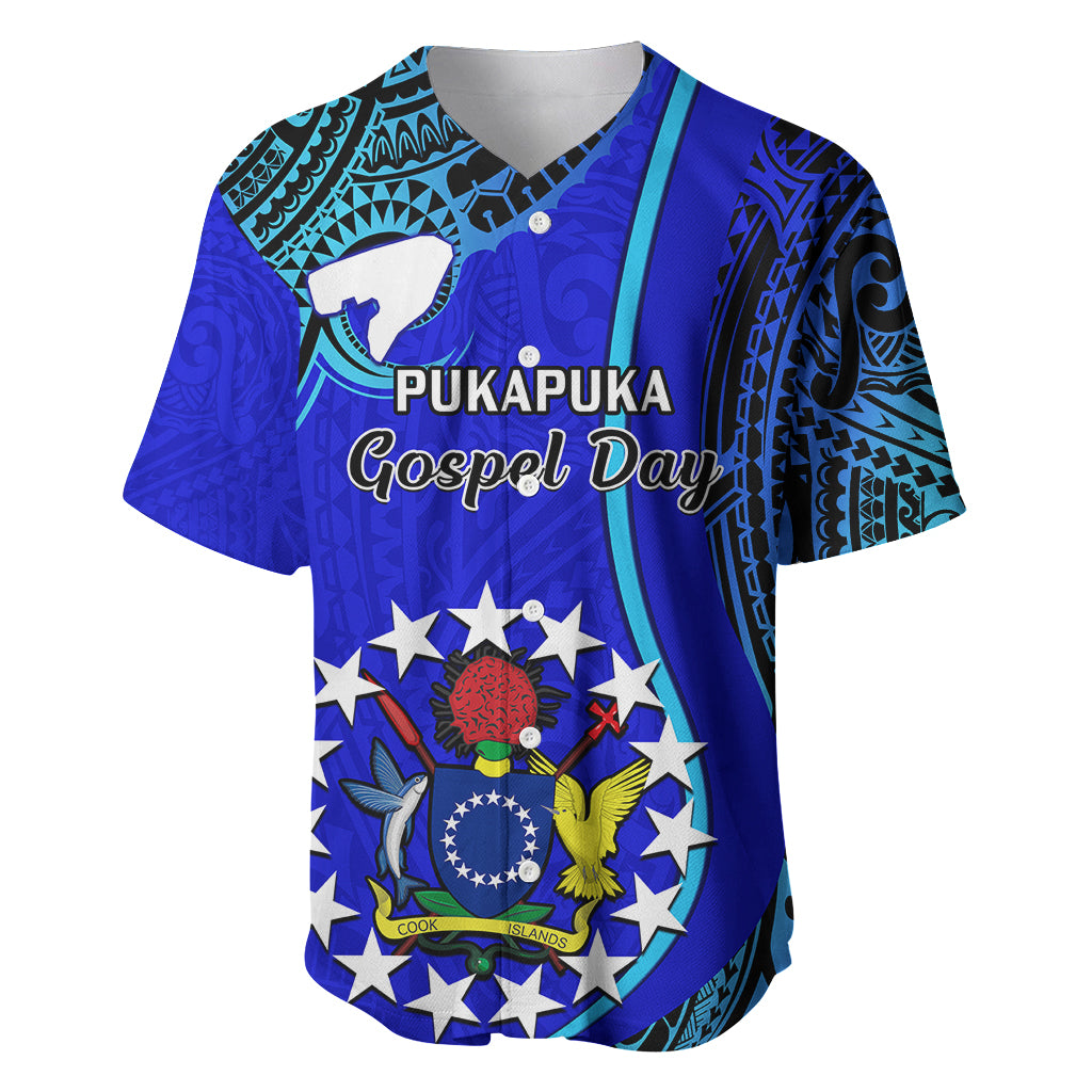 Blue baseball jersey with teal tribal pattern, buttoned V-neck and Gospel Day emblem