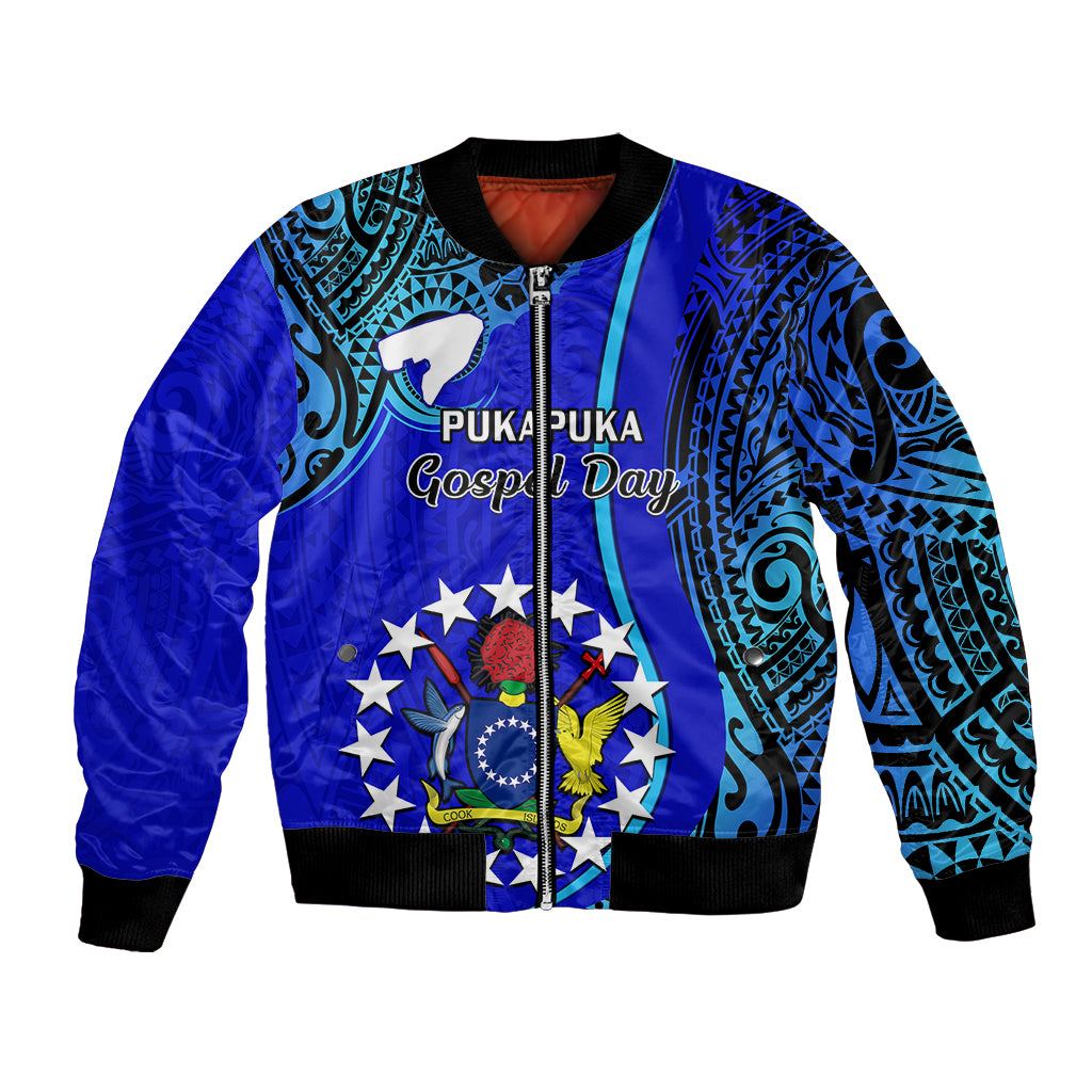 Blue bomber jacket with zip, ribbed hem, and tribal graphic crest with stars