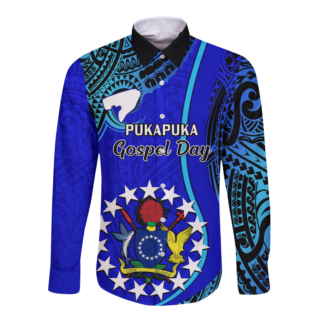 Blue long-sleeve button shirt with tribal print and Gospel Day front graphic