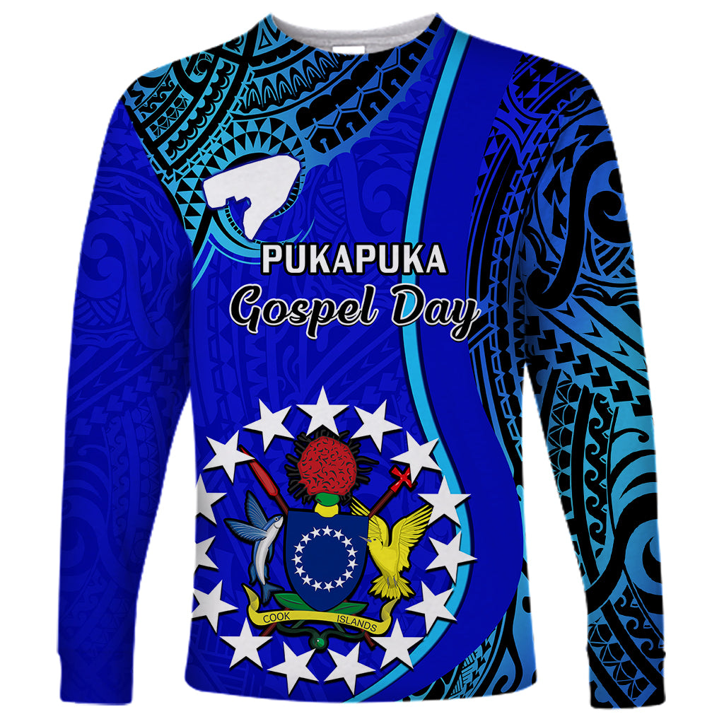Blue long-sleeve tribal print shirt with circular star emblem and 'Gospel Day' front