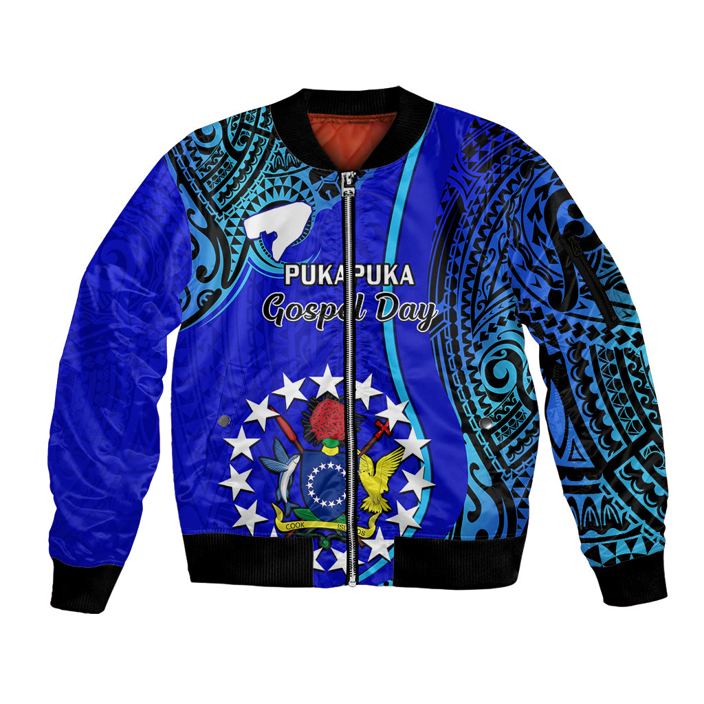 Blue full-zip bomber jacket with ribbed cuffs, tribal print and Gospel Day front graphic