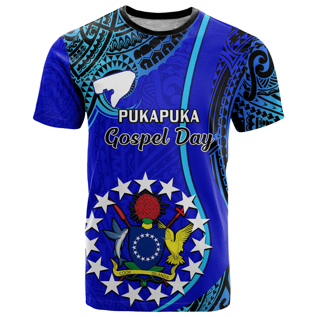 Blue personalized graphic t-shirt with tribal pattern and PUKAPUKA Gospel Day front print