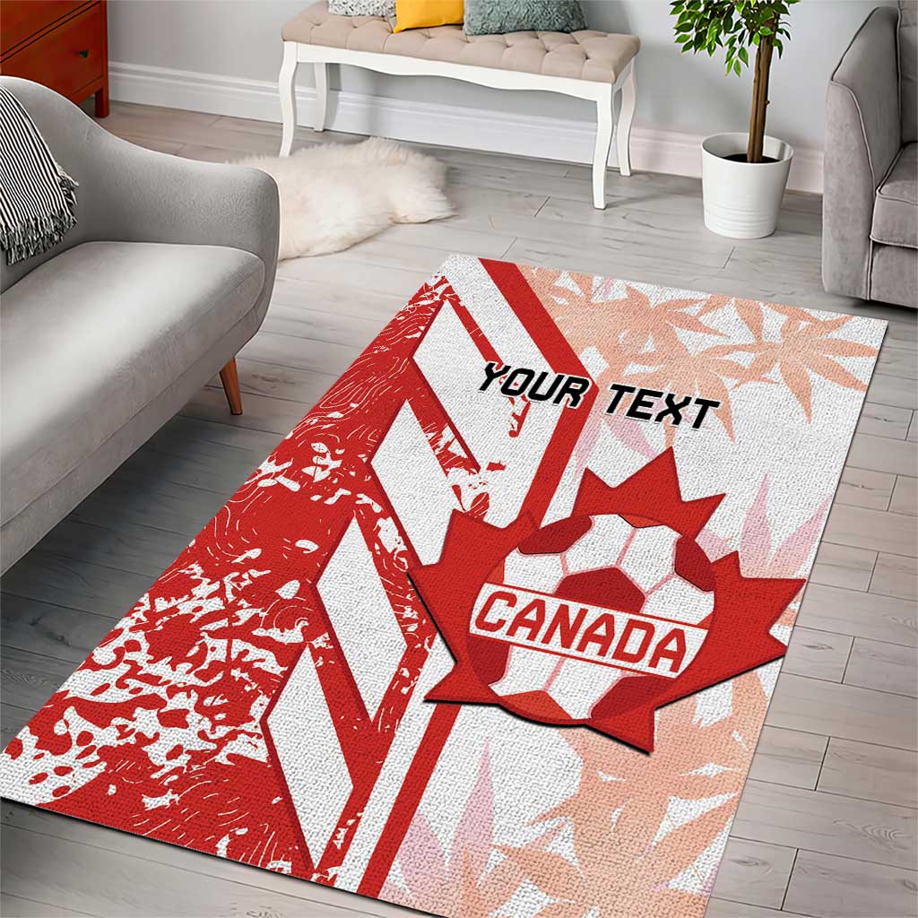 Canada area rug in red and white with “YOUR TEXT” banner and maple leaf badge