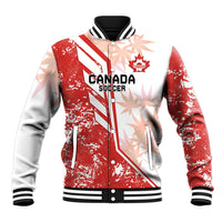 Red and white baseball varsity jacket with black striped collar, snap buttons, Canada Soccer crest