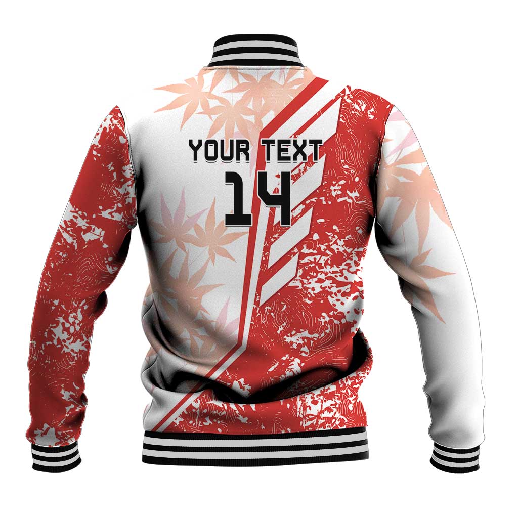 Red and white baseball varsity jacket back view with black striped collar and number 14 graphic