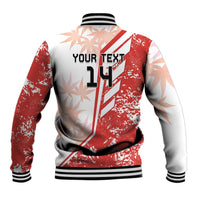 Red and white baseball varsity jacket back view with black striped collar and number 14 graphic