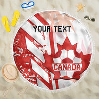 Round beach blanket with red-and-white Canada soccer design, custom text, fringe edge