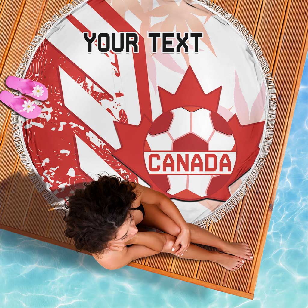 Round beach blanket with Canada soccer graphic and custom text, red-and-white, fringe edge