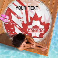Round beach blanket with Canada soccer graphic and custom text, red-and-white, fringe edge