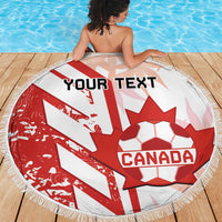 Round beach blanket with Canada soccer crest and “YOUR TEXT”, red-and-white, fringe edge