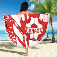 Round beach blanket with Canada soccer crest, red-and-white flag stripes, fringe edge