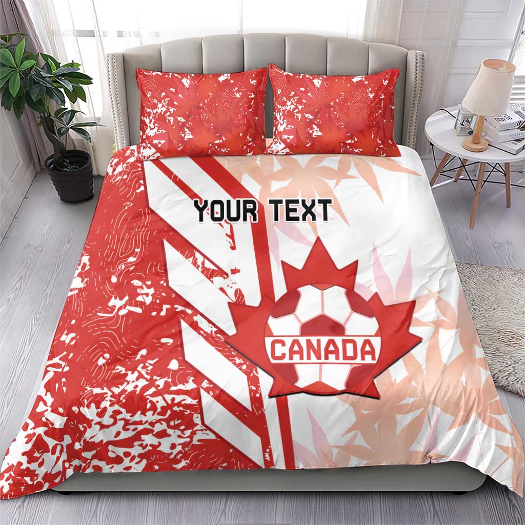 Red and white Canada soccer bedding set, “YOUR TEXT” center, matching square pillows