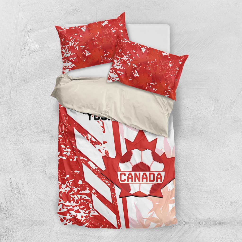Red and white Canada soccer bedding set with crest and “YOUR TEXT,” two pillows