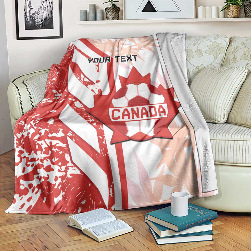 Red and white Canada blanket with YOUR TEXT and soccer flag graphics
