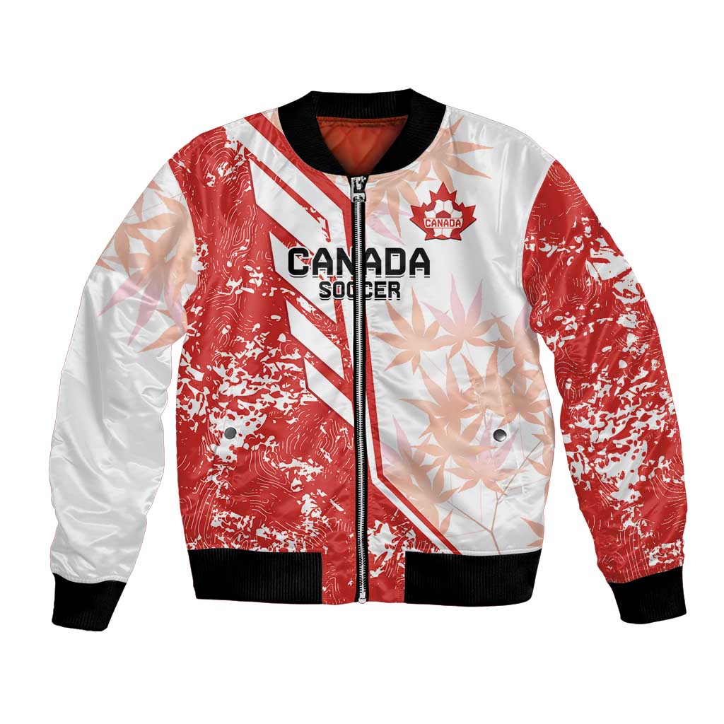 Red and white Canada soccer bomber jacket with zip front, maple leaf print, black rib trim
